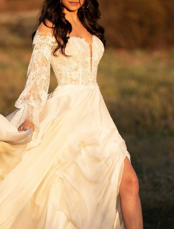 A-Line/Princess Beach Wedding Dress Off the Shoulder Long Sleeve with Lace Insert BabaMila
