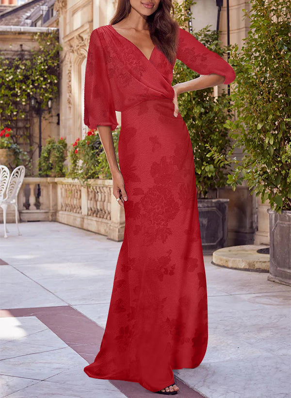 Column Floral Print V-Neck Half Sleeves Red Mother Of The Bride & Groom Dresses BabaMila