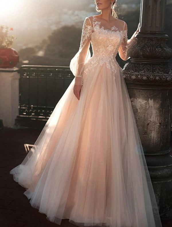 A-Line/Princess Illusion Neck Beach Wedding Dress with Embroidery Appliques BabaMila