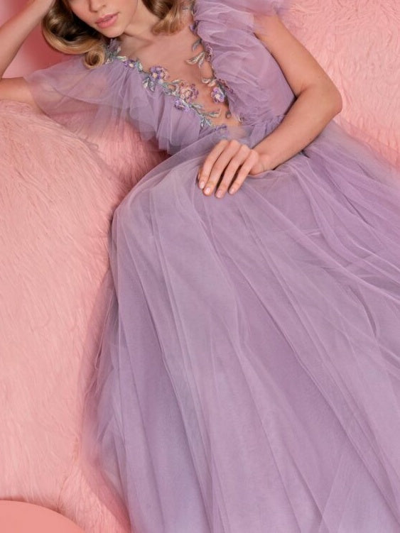 A-Line/Princess V-Neck Flutter Straps Floor-Length Evening Dress with Ruffles/Appliques BabaMila