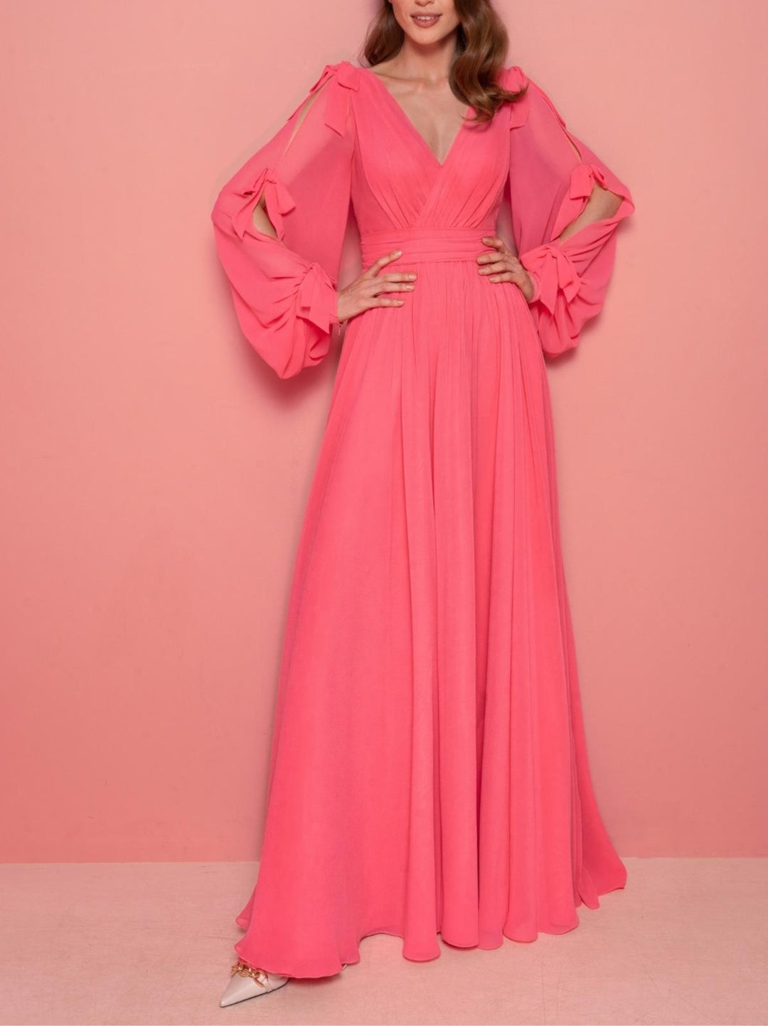 A-Line/Princess Chiffon V-Neck Long Sleeves Floor-Length Evening Dress with Ruffles BabaMila