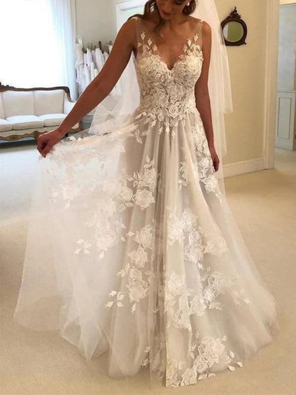 A-Line/Princess V-Neck Beach Wedding Dress with Appliques BabaMila