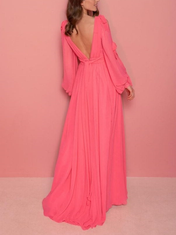 A-Line/Princess Chiffon V-Neck Long Sleeves Floor-Length Evening Dress with Ruffles BabaMila