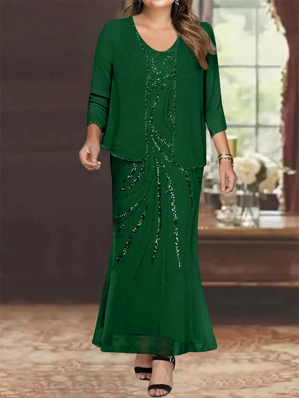 Sheath/Column V-Neck Ankle-Length Plus Size Mother Of The Bride Dresses With Jacket & Sequins BabaMila