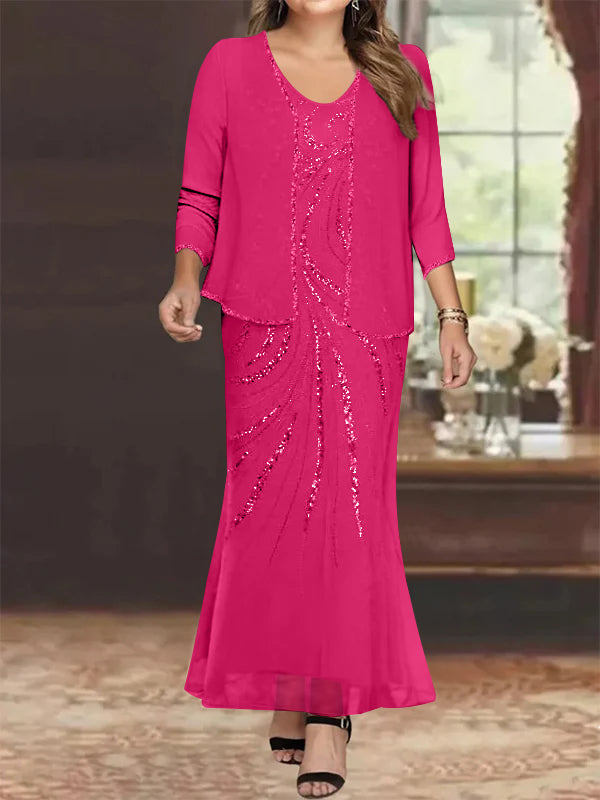 Sheath/Column V-Neck Ankle-Length Plus Size Mother Of The Bride Dresses With Jacket & Sequins BabaMila