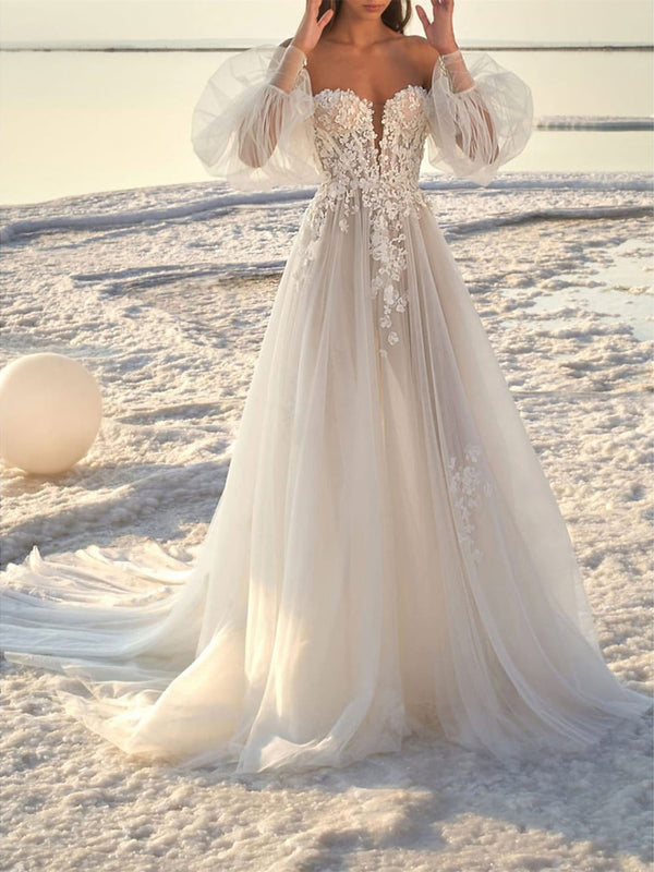 A-Line/Princess Off-the-Shoulder Court Train Wedding Dress for Beaching Wedding BabaMila