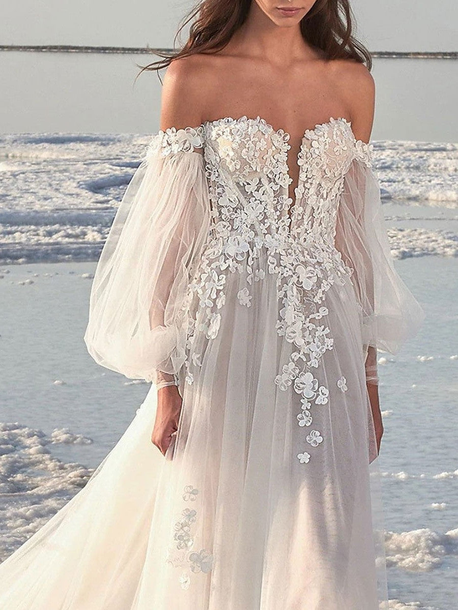 A-Line/Princess Off-the-Shoulder Court Train Wedding Dress for Beaching Wedding BabaMila