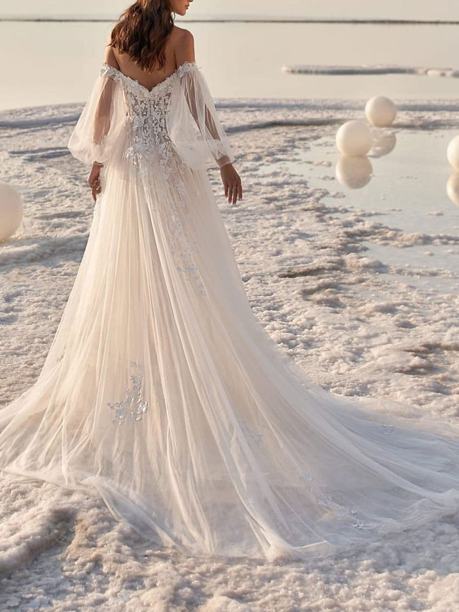 A-Line/Princess Off-the-Shoulder Court Train Wedding Dress for Beaching Wedding BabaMila