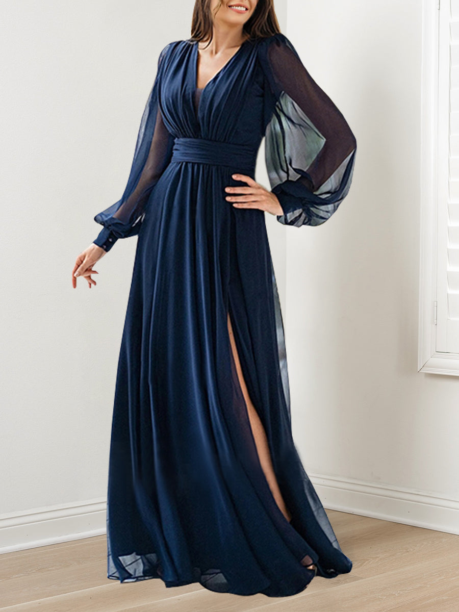 A-Line/Princess V-Neck Long Sleeves Floor-Length Mother Of The Bride Dresses With Ruffles BabaMila