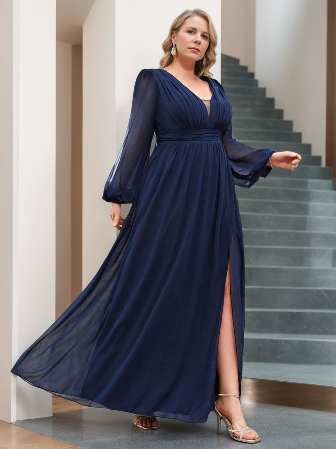 A-Line/Princess V-Neck Long Sleeves Floor-Length Mother Of The Bride Dresses With Ruffles BabaMila