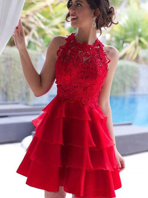 Homecoming Dress Red Lace Flouncing Short Prom Dress Party Dress Homecoming Dress BabaMila