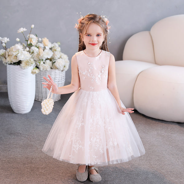 Ball Gown/Princess Scoop Neck Sleeveless Lace/Tulle/Satin Tea-Length Simple Flower Girl Dresses/Party Dresses With Appliques Girls Gidiondress