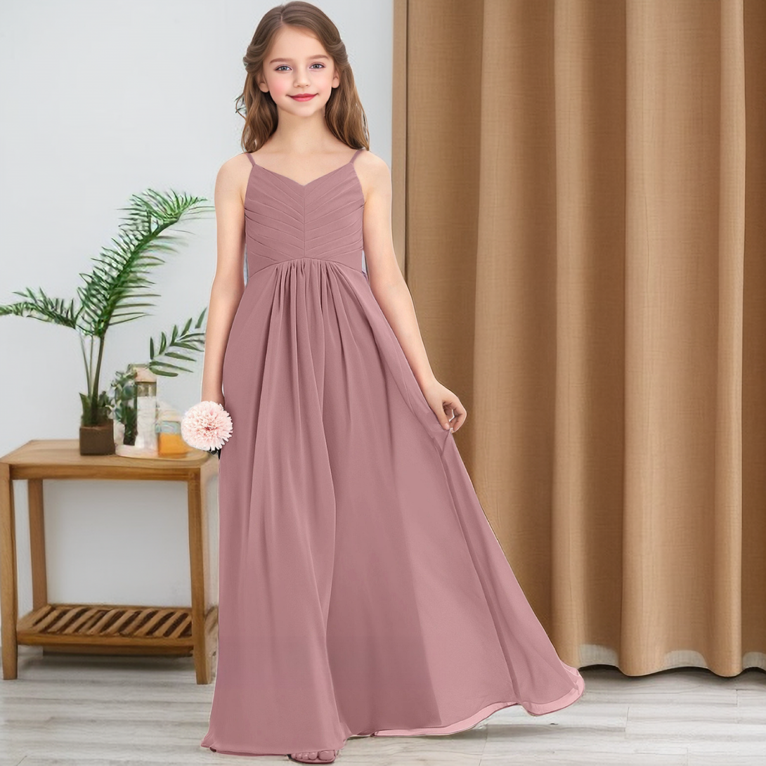 V-Neck Spaghetti Straps Floor-Length Chiffon Junior Bridesmaid Dress/Girls Birthday Dresses With Pleated Girls Gidiondress