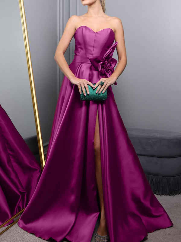 A-Line/Princess Sweetheart Sleeveless Sweep Train Flower High Split Satin Evening Dresses BabaMila