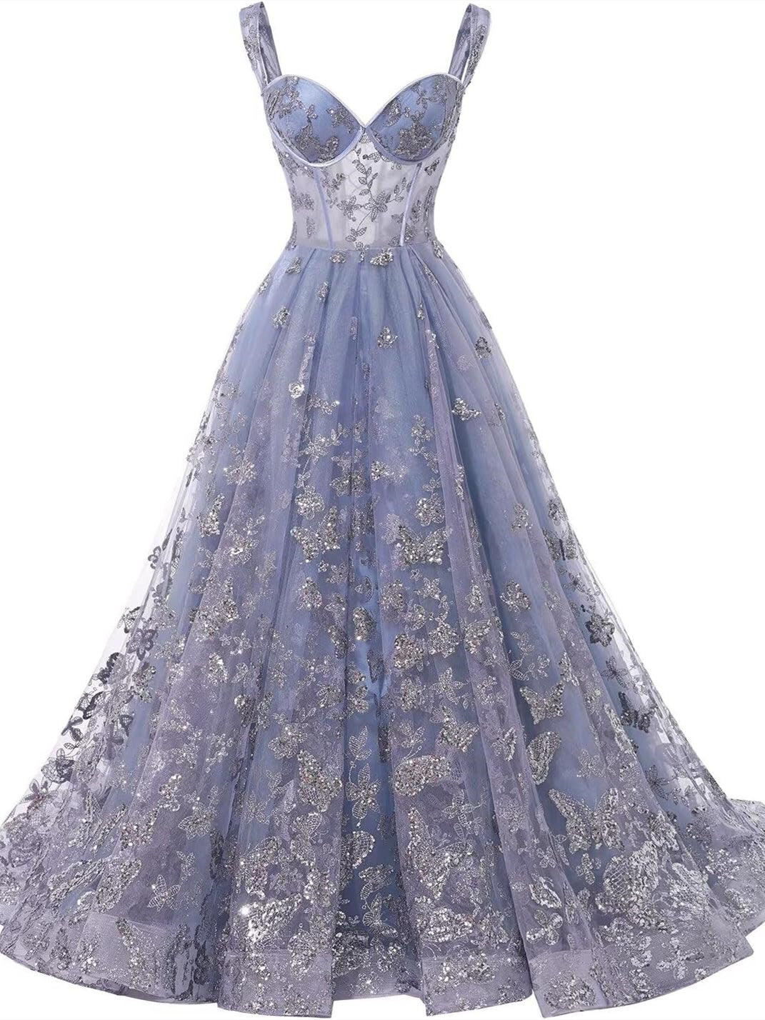 A-Line/Princess Sweetheart Spaghetti Straps Steel Blue Floor-Length Formal Dress with Appliques BabaMila
