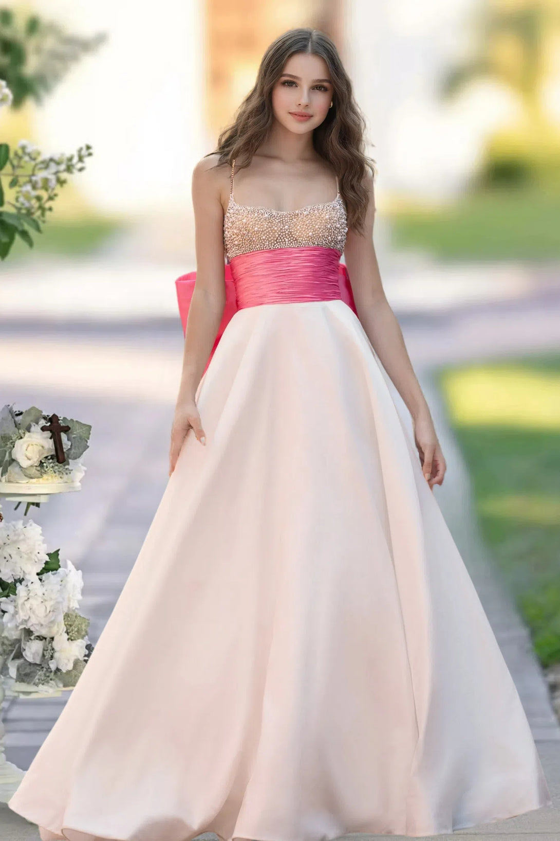 Sweep Train Lace Satin Prom Dresses With Beading BOW BabaMila