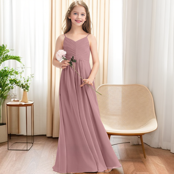 V-Neck Spaghetti Straps Floor-Length Chiffon Junior Bridesmaid Dress/Girls Birthday Dresses With Pleated Girls Gidiondress as picture 12M