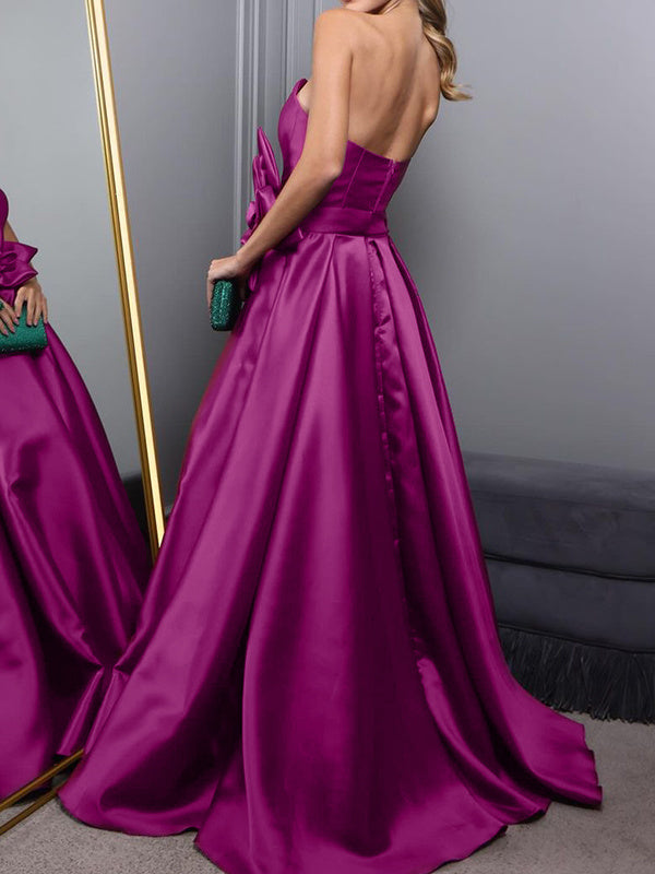 A-Line/Princess Sweetheart Sleeveless Sweep Train Flower High Split Satin Evening Dresses BabaMila