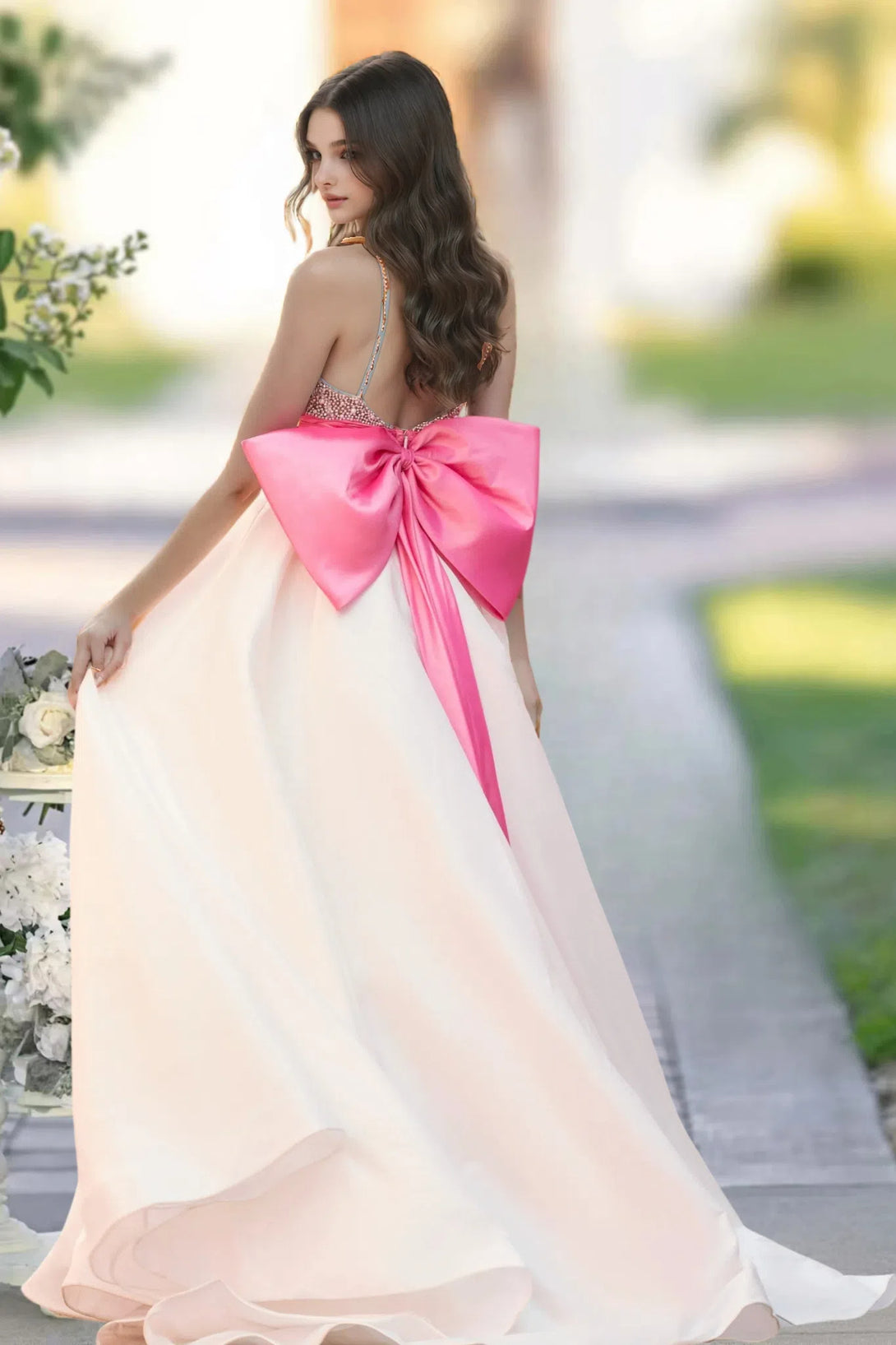 Sweep Train Lace Satin Prom Dresses With Beading BOW BabaMila