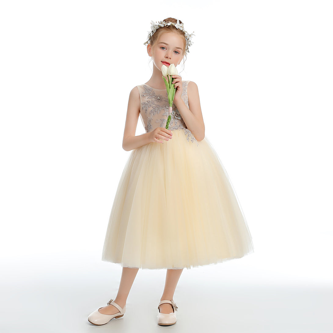 Ball Gown Sleeveless Scoop Neck Tea-Length Lace/Tulle Flower Girl Dresses With Appliques/Beads Girls Gidiondress