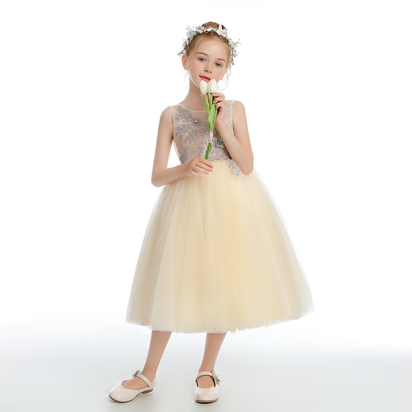 Ball Gown Sleeveless Scoop Neck Tea-Length Lace/Tulle Flower Girl Dresses With Appliques/Beads Girls Gidiondress