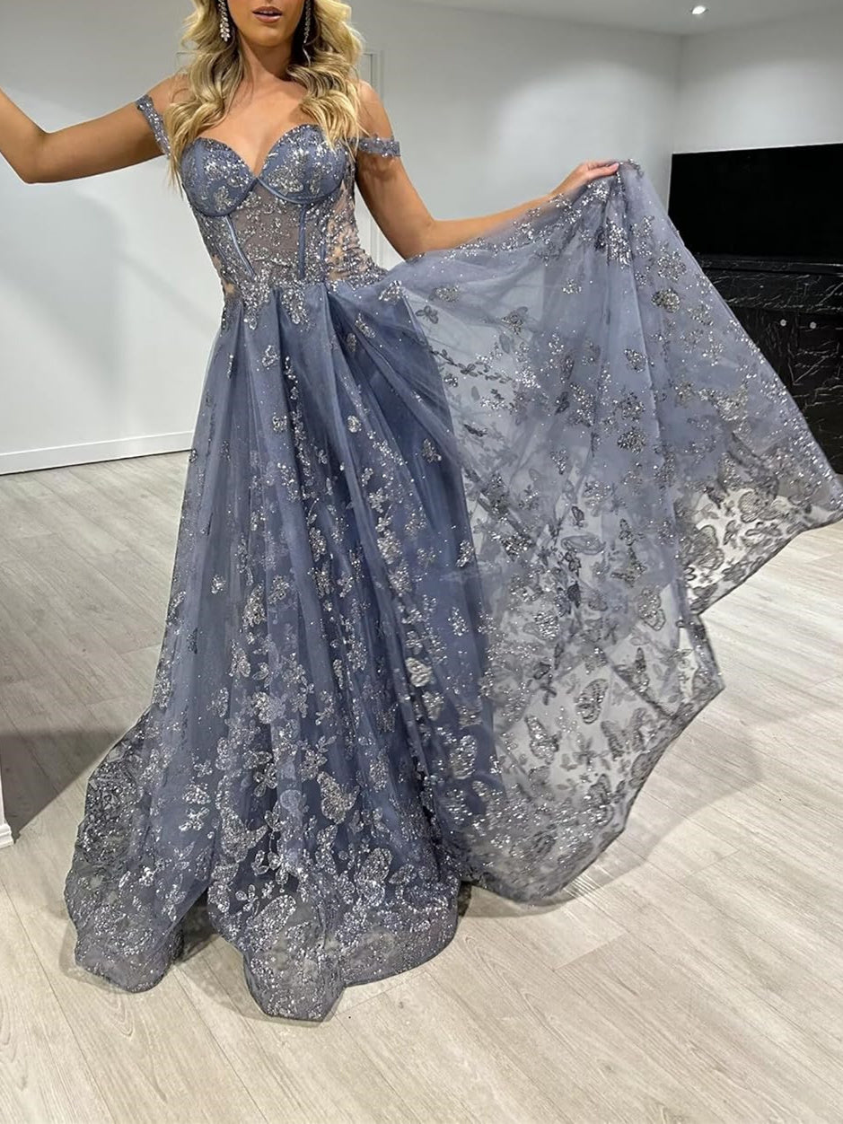 A-Line/Princess Sweetheart Spaghetti Straps Steel Blue Floor-Length Formal Dress with Appliques BabaMila