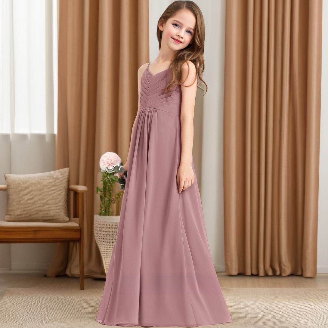 V-Neck Spaghetti Straps Floor-Length Chiffon Junior Bridesmaid Dress/Girls Birthday Dresses With Pleated Girls Gidiondress