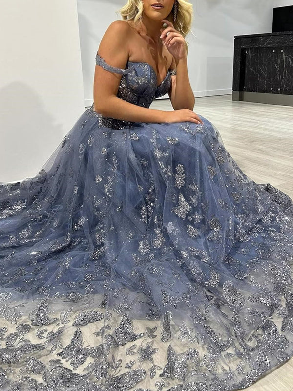 A-Line/Princess Sweetheart Spaghetti Straps Steel Blue Floor-Length Formal Dress with Appliques BabaMila