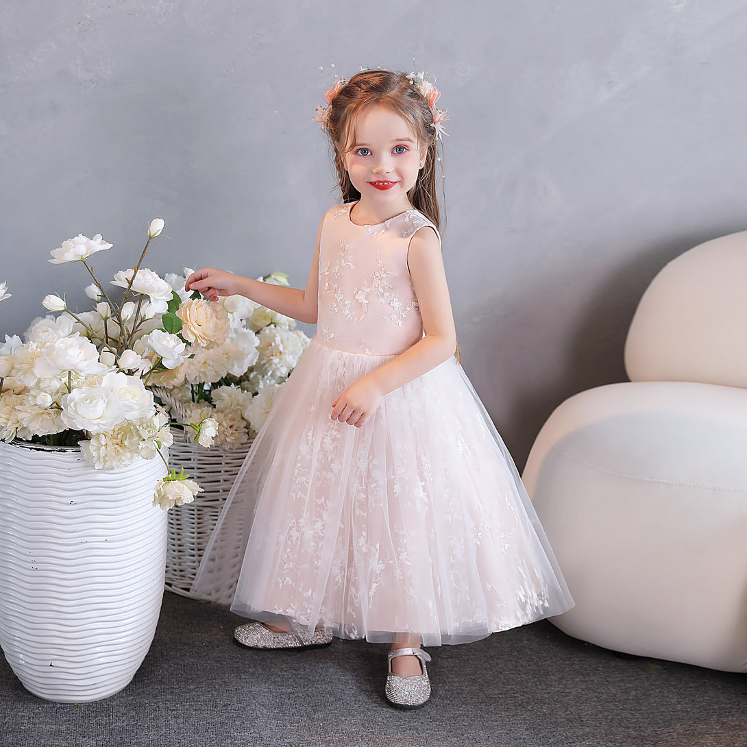 Ball Gown/Princess Scoop Neck Sleeveless Lace/Tulle/Satin Tea-Length Simple Flower Girl Dresses/Party Dresses With Appliques Girls Gidiondress as picture 12M