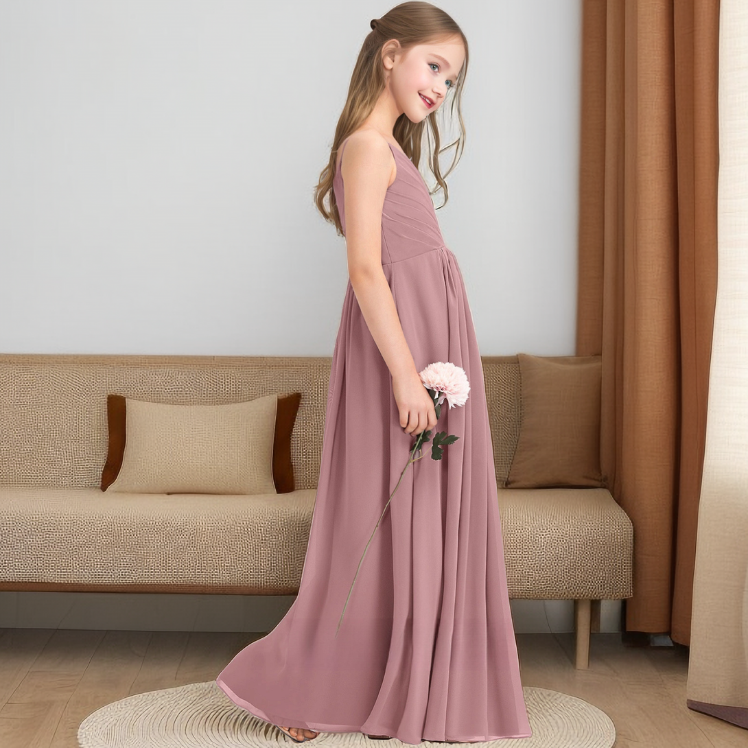 V-Neck Spaghetti Straps Floor-Length Chiffon Junior Bridesmaid Dress/Girls Birthday Dresses With Pleated Girls Gidiondress