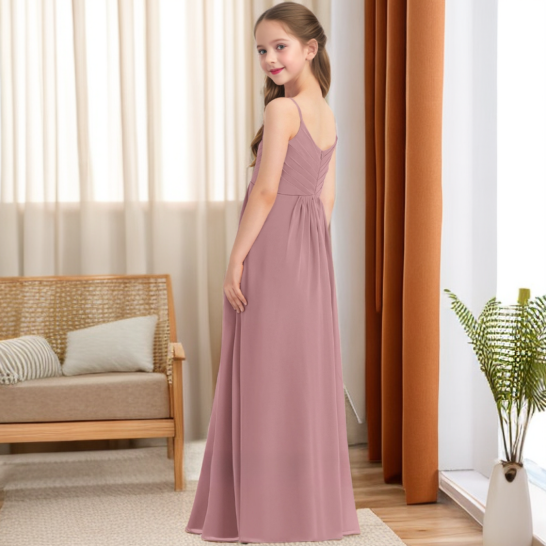 V-Neck Spaghetti Straps Floor-Length Chiffon Junior Bridesmaid Dress/Girls Birthday Dresses With Pleated Girls Gidiondress