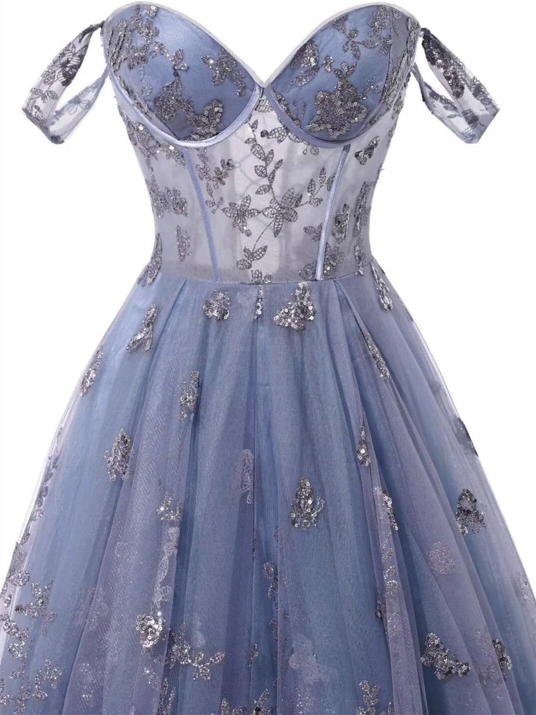 A-Line/Princess Sweetheart Spaghetti Straps Steel Blue Floor-Length Formal Dress with Appliques BabaMila