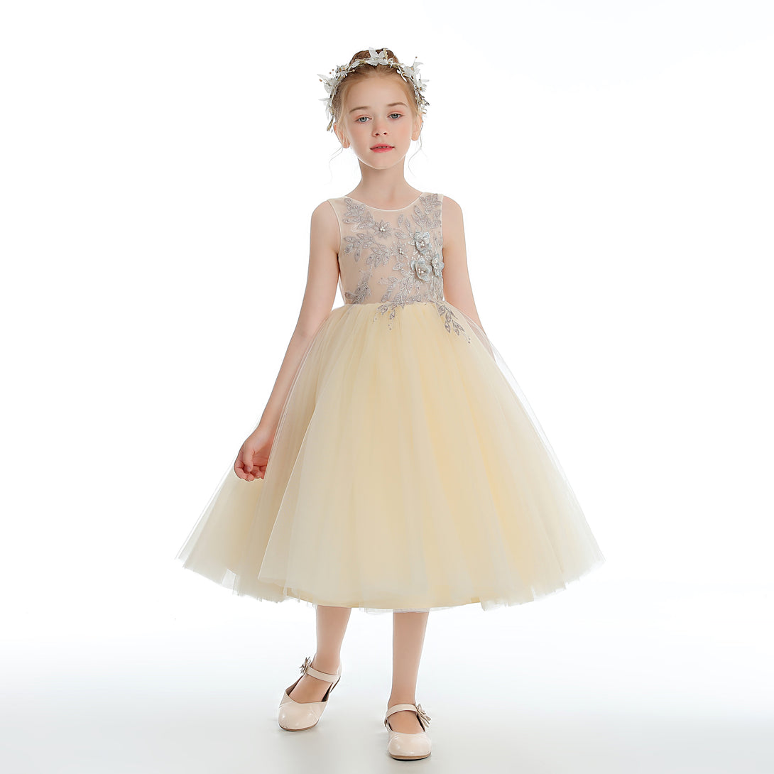 Ball Gown Sleeveless Scoop Neck Tea-Length Lace/Tulle Flower Girl Dresses With Appliques/Beads Girls Gidiondress as picture 12M