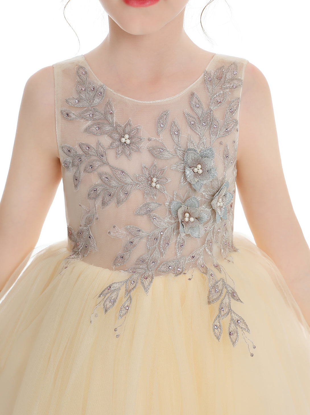 Ball Gown Sleeveless Scoop Neck Tea-Length Lace/Tulle Flower Girl Dresses With Appliques/Beads Girls Gidiondress