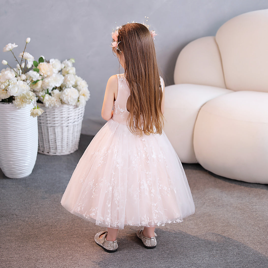 Ball Gown/Princess Scoop Neck Sleeveless Lace/Tulle/Satin Tea-Length Simple Flower Girl Dresses/Party Dresses With Appliques Girls Gidiondress