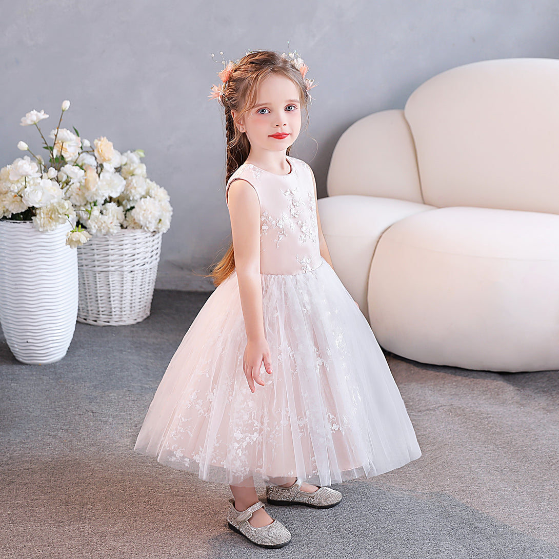 Ball Gown/Princess Scoop Neck Sleeveless Lace/Tulle/Satin Tea-Length Simple Flower Girl Dresses/Party Dresses With Appliques Girls Gidiondress