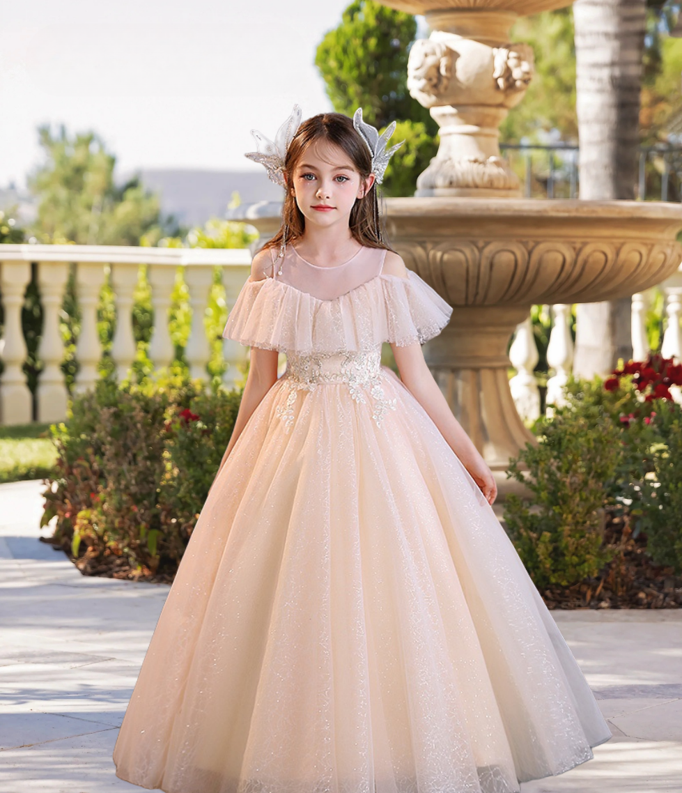 Cold Shoulder Cape Floor-Length Elegant Printed Tulle Girls Birthday Dresses With Appliques Gidiondress