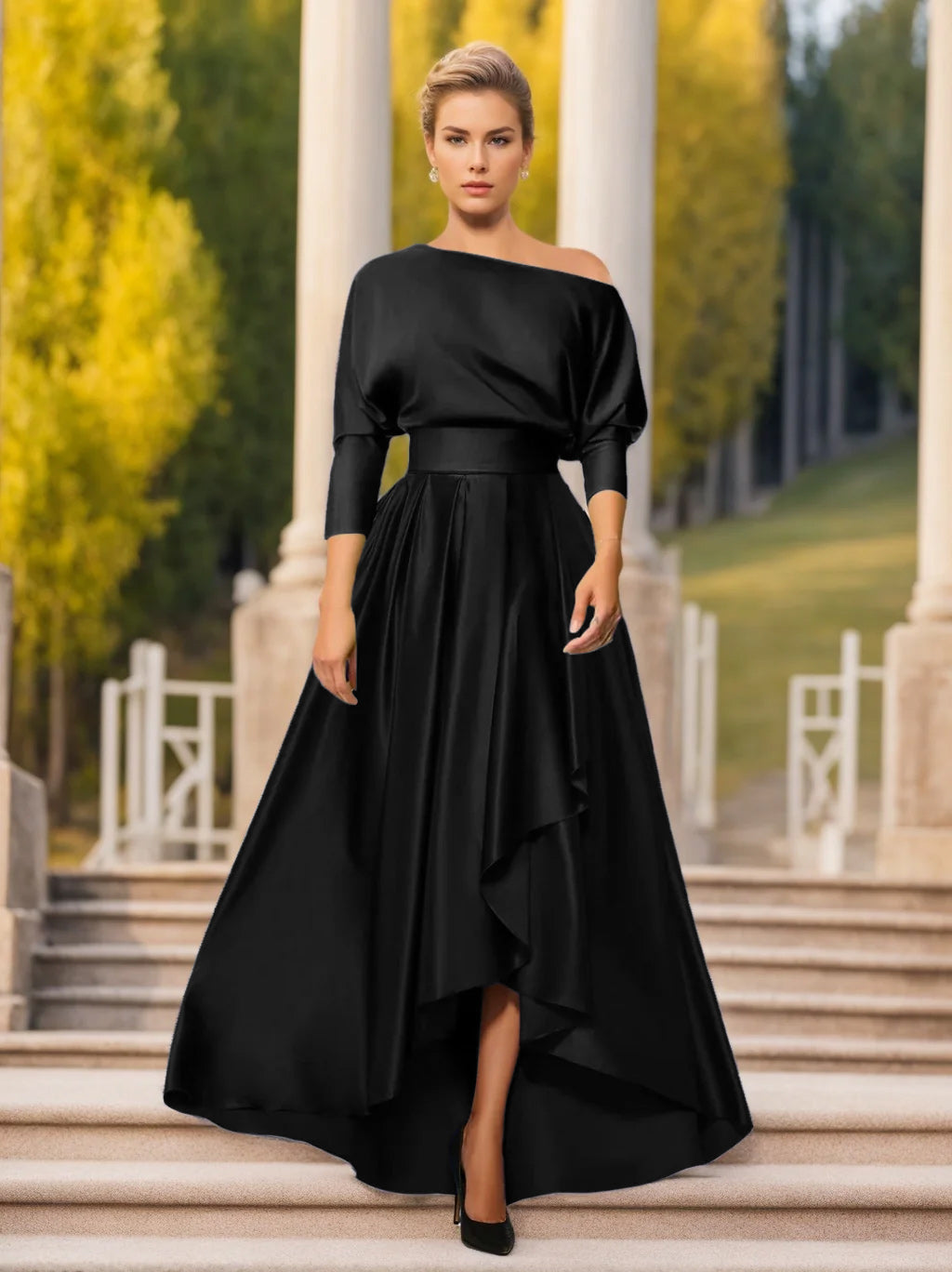 Sheath/Column Off-The-Shoulder Short Sleeves Tea-Length Unique Mother Of The Bride Dresses With Feathers BabaMila