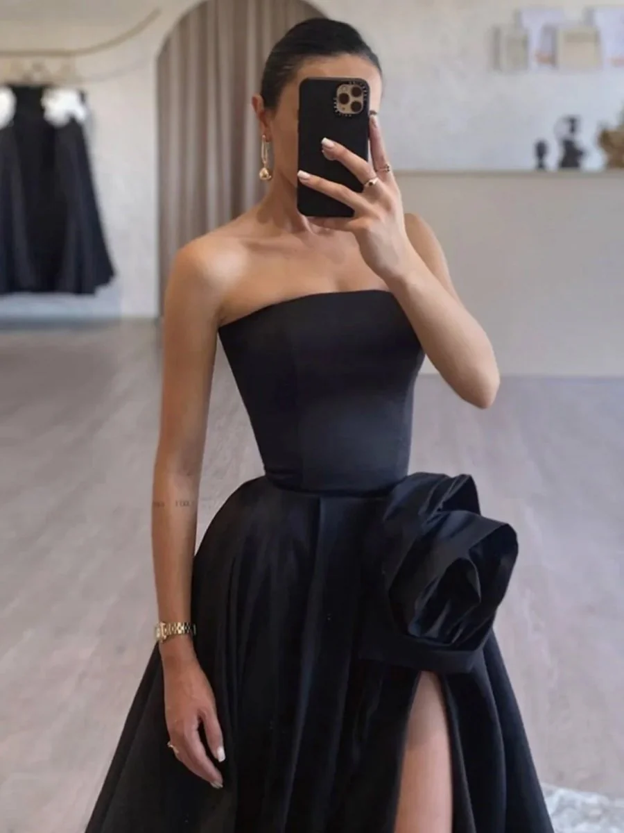 Black Strapless Satin Long Prom Dress With High Split BabaMila
