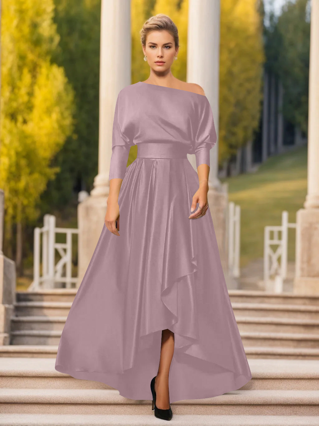 Sheath/Column Off-The-Shoulder Short Sleeves Tea-Length Unique Mother Of The Bride Dresses With Feathers BabaMila