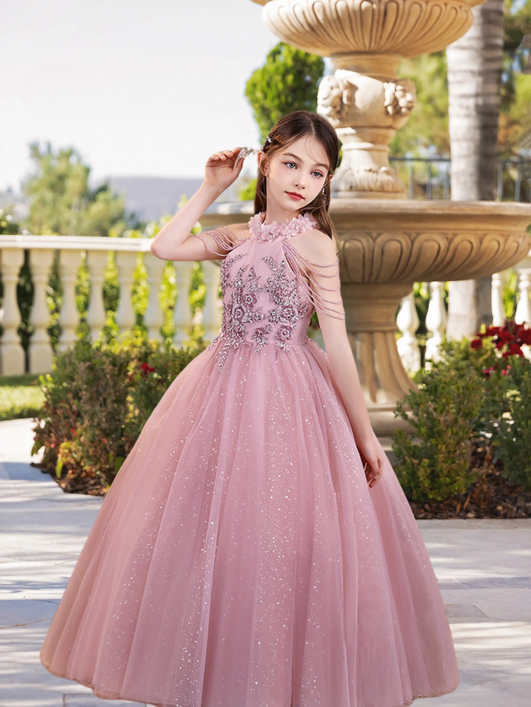 Halter Cold Shoulder Floor-Length Elegant Satin/Tulle Girls Birthday Dresses With Appliques/Beads/3D Flower Gidiondress