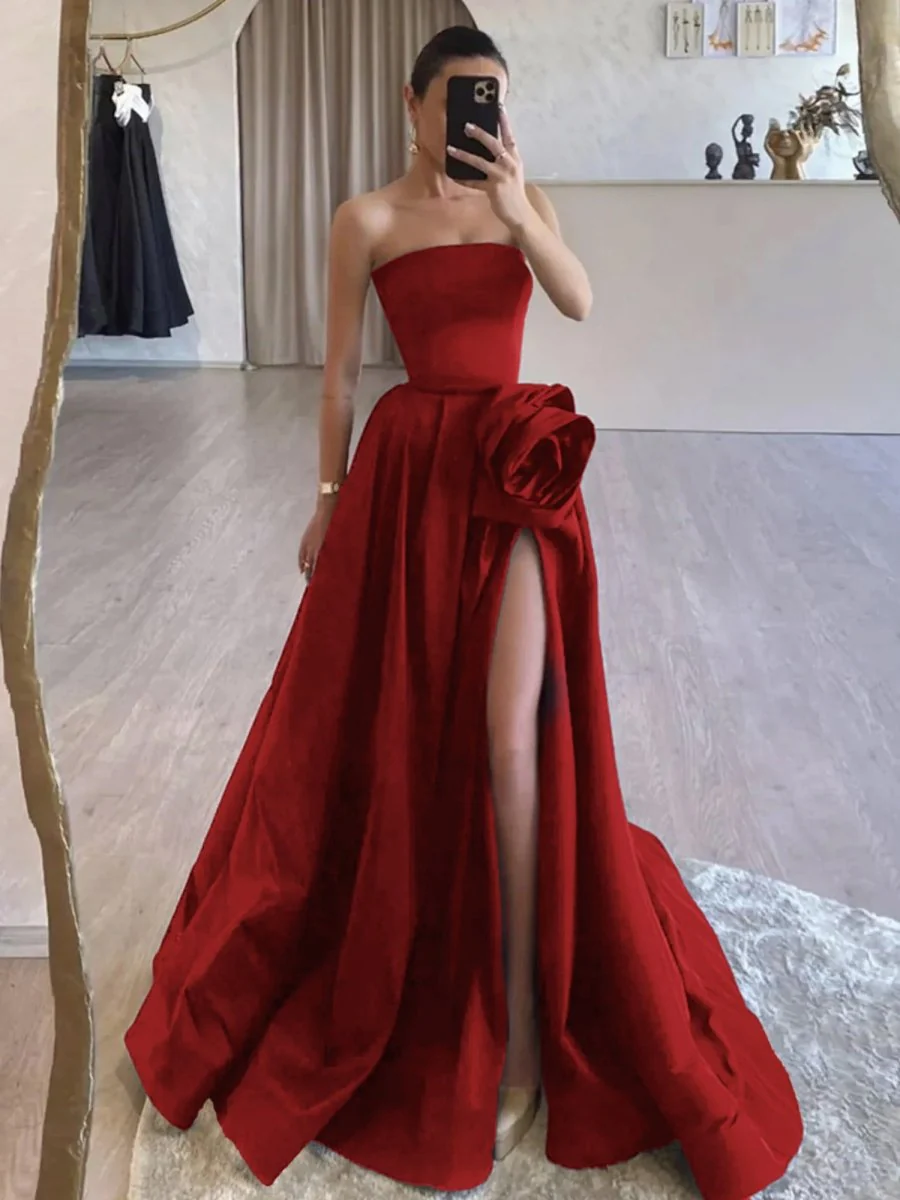Black Strapless Satin Long Prom Dress With High Split BabaMila