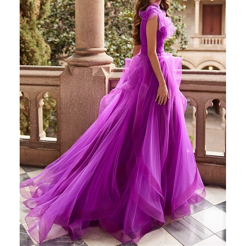 A-Line/Princess V Neck Sleeveless Floor-Length Prom Dresses With Ruffles BabaMila