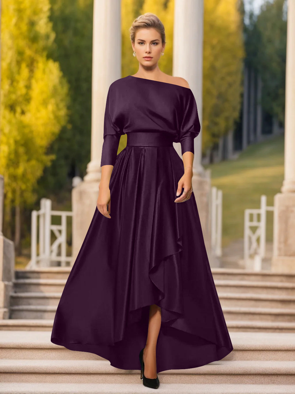 Sheath/Column Off-The-Shoulder Short Sleeves Tea-Length Unique Mother Of The Bride Dresses With Feathers BabaMila
