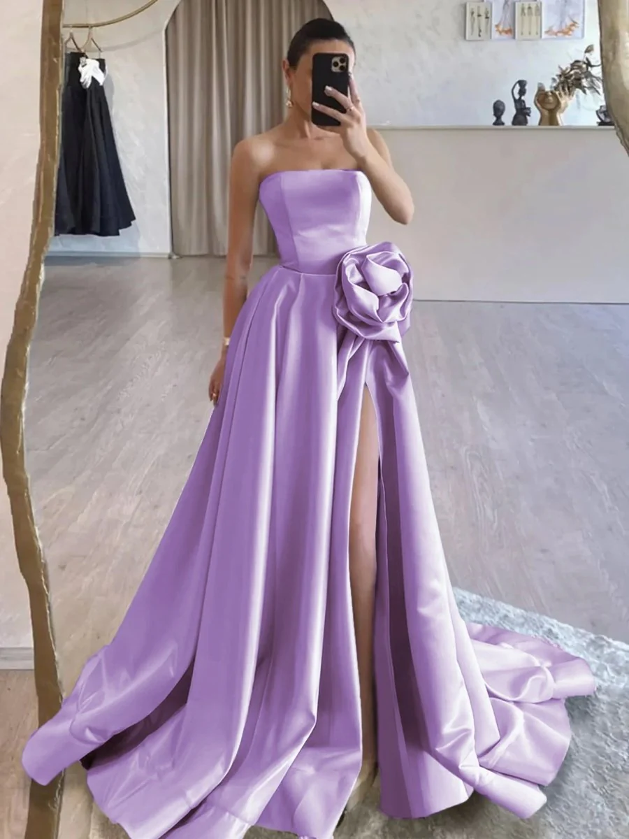 Black Strapless Satin Long Prom Dress With High Split BabaMila