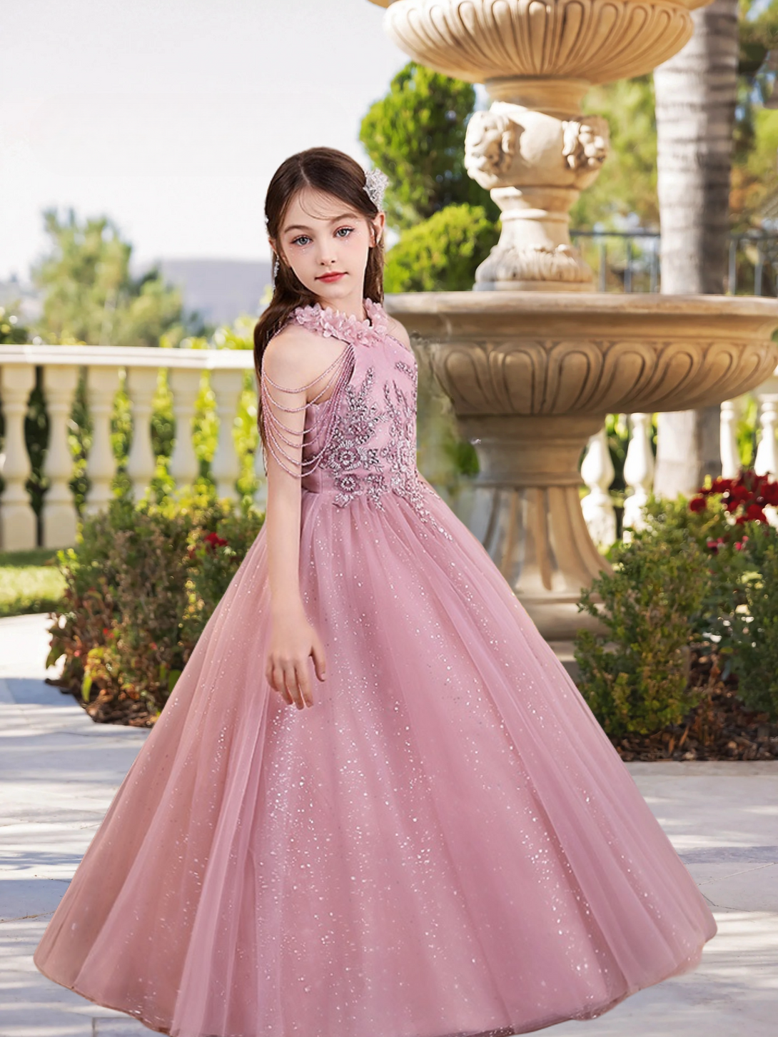 Halter Cold Shoulder Floor-Length Elegant Satin/Tulle Girls Birthday Dresses With Appliques/Beads/3D Flower Gidiondress