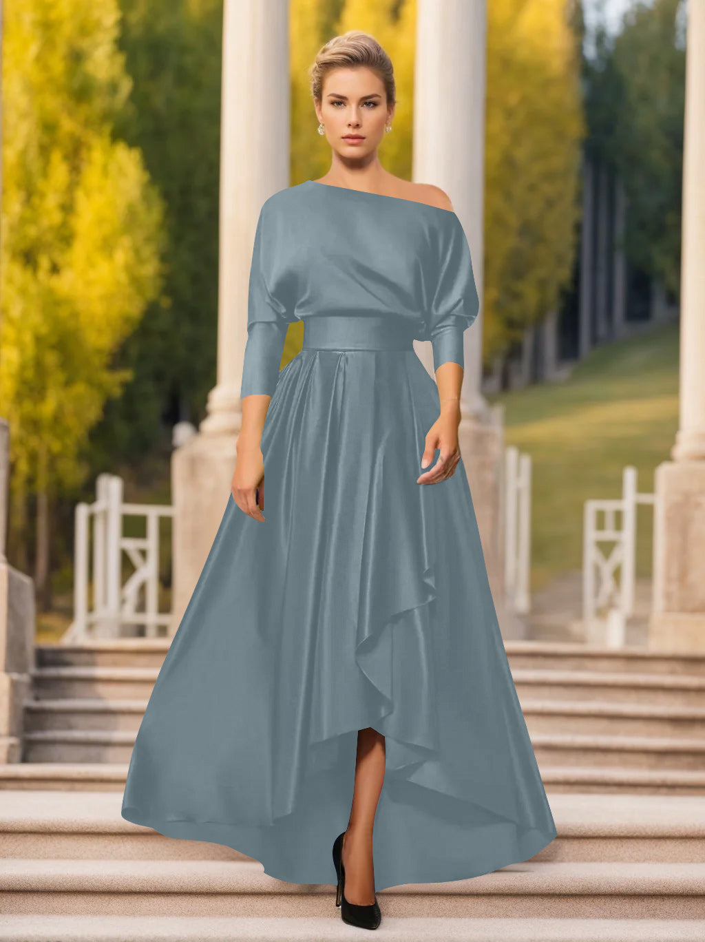 Sheath/Column Off-The-Shoulder Short Sleeves Tea-Length Unique Mother Of The Bride Dresses With Feathers BabaMila