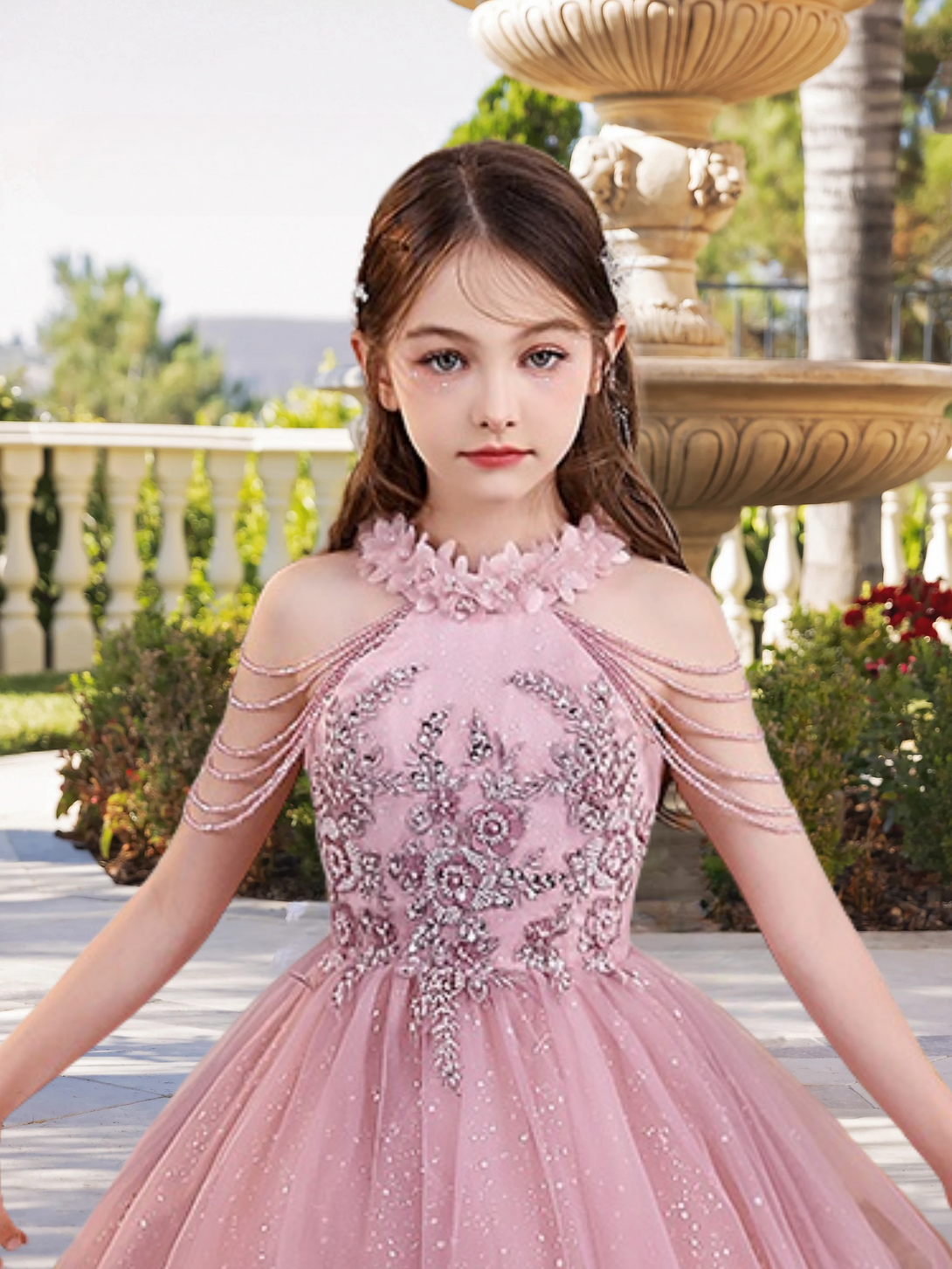 Halter Cold Shoulder Floor-Length Elegant Satin/Tulle Girls Birthday Dresses With Appliques/Beads/3D Flower Gidiondress
