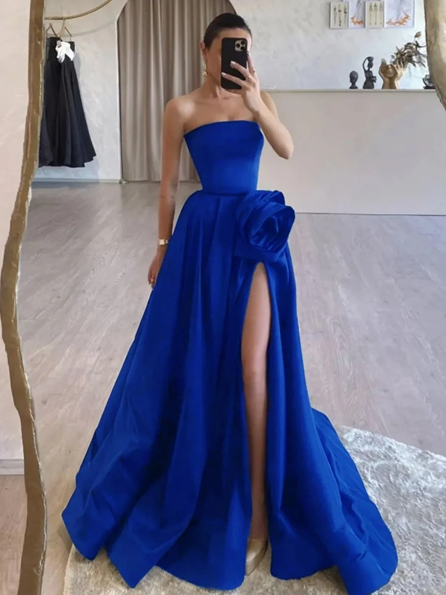Black Strapless Satin Long Prom Dress With High Split BabaMila