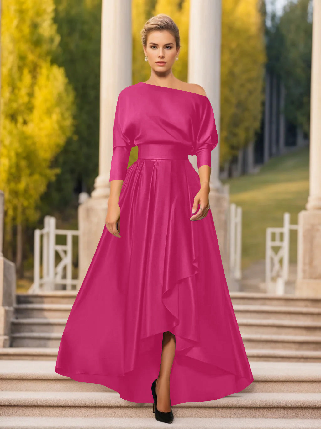 Sheath/Column Off-The-Shoulder Short Sleeves Tea-Length Unique Mother Of The Bride Dresses With Feathers BabaMila